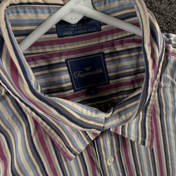 Faconnable Long Sleeve Button Up Shirt Men Cotton Striped Purple Gray Large - Picture 7 of 16